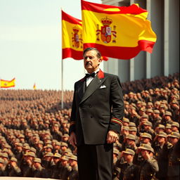 Francisco Franco in an elegant gala suit, standing proudly with a stern expression