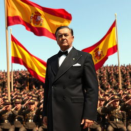 Francisco Franco in an elegant gala suit, standing proudly with a stern expression