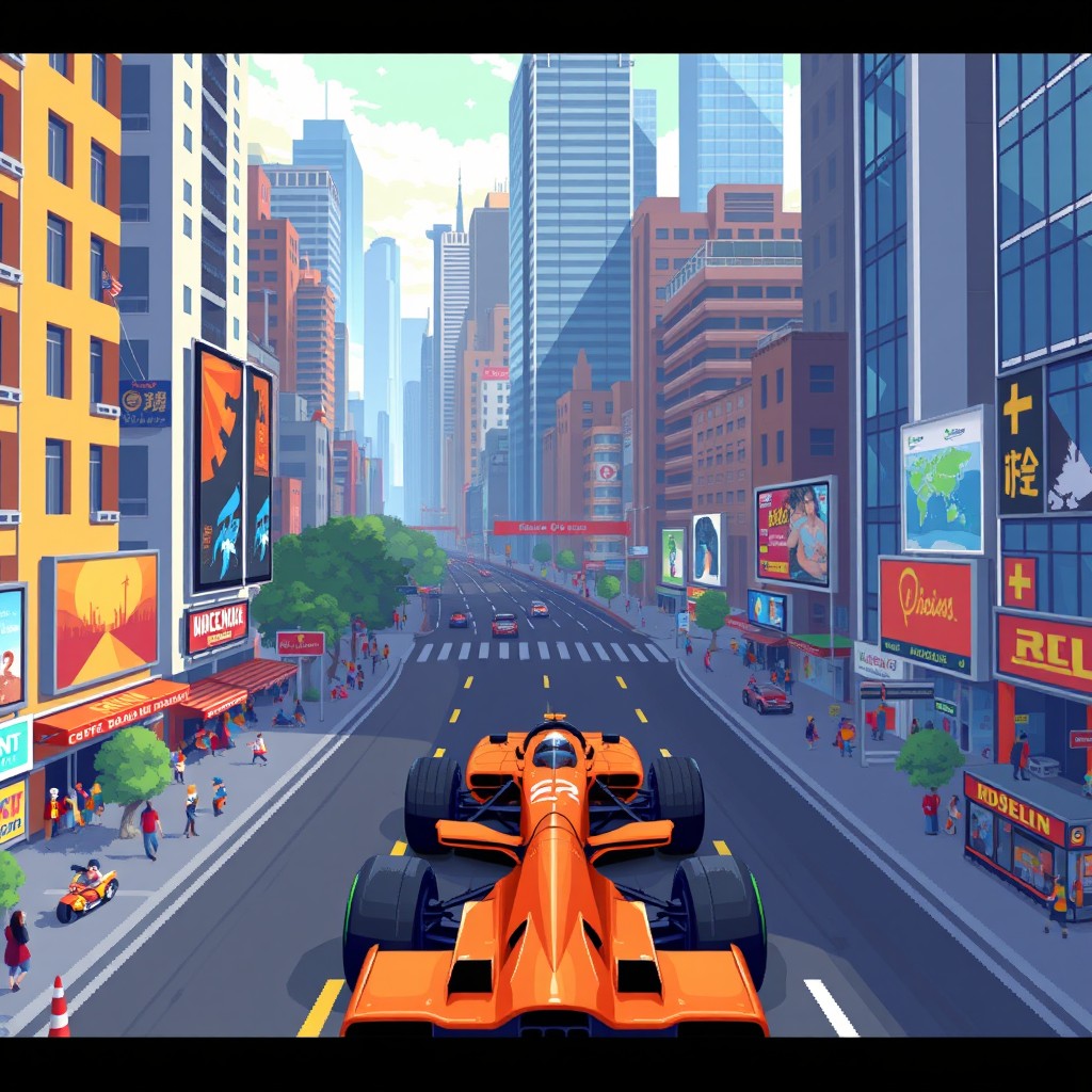 A pixel art racing game scene featuring a vibrant city landscape filled with tall buildings and bustling streets