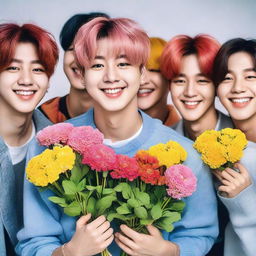 Cute photograph of BTS, a popular South Korean boy band, smiling broadly while holding a colorful handful of flowers