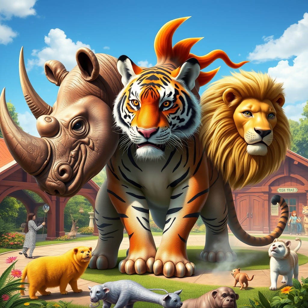 An enchanting three-headed chimera combining a rhinoceros, a tiger, and a lion, set in a vibrant zoo atmosphere