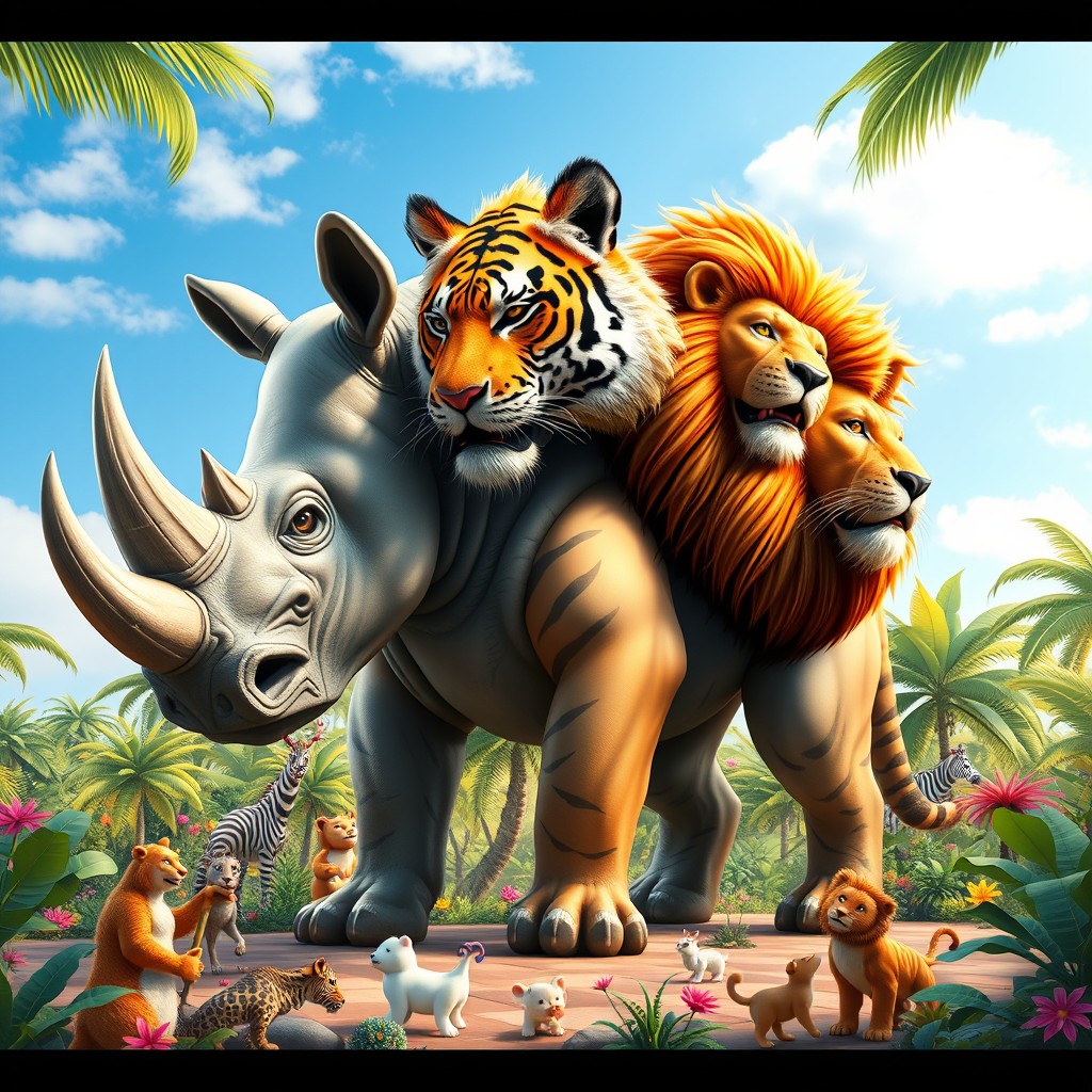 A fantastical three-headed creature featuring a blend of a rhinoceros, a tiger, and a lion, located in a vibrant zoo setting