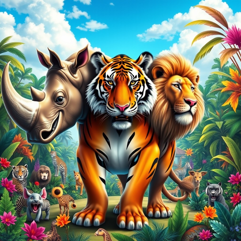 A fantastical three-headed creature combining features of a rhinoceros, a tiger, and a lion, set against the backdrop of a vibrant zoo