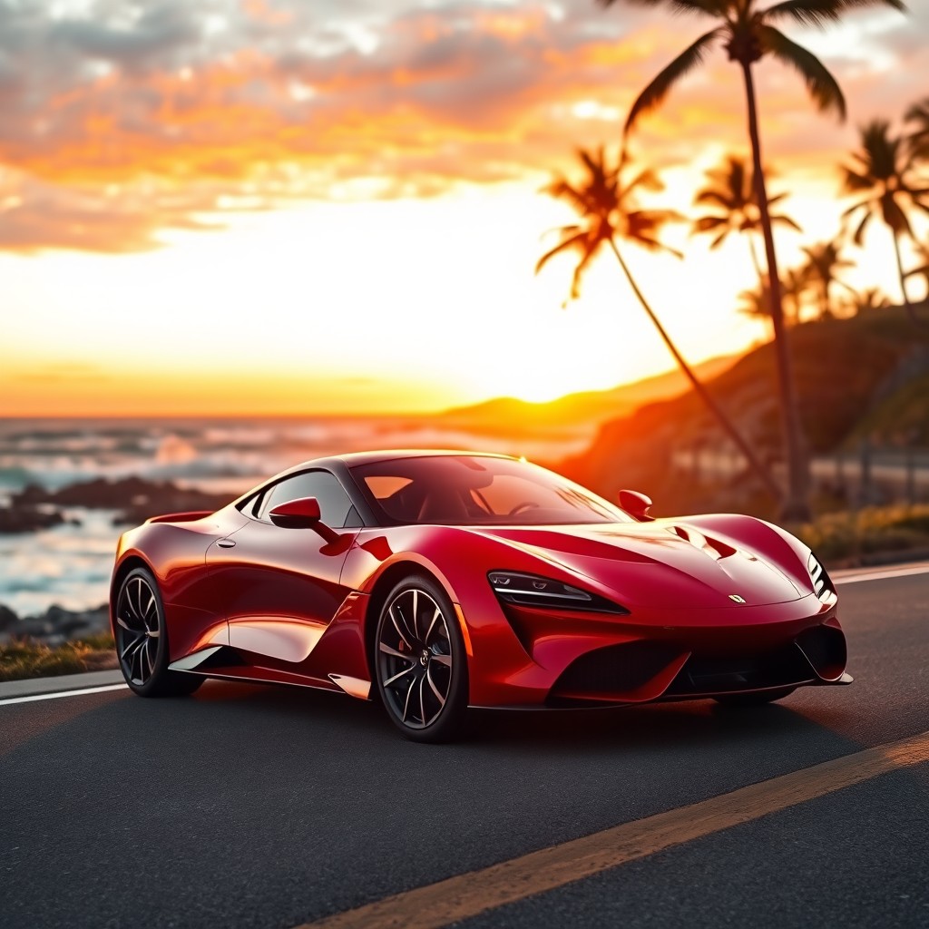 A stunning car parked on a scenic coastal road during sunset, showcasing a glossy red body and sleek aerodynamic design