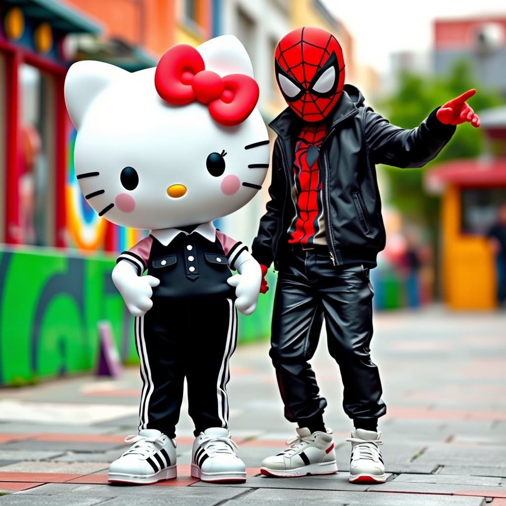 A cute Hello Kitty character wearing a black and white polo shirt, matched with Adidas pants and stylish Adidas sneakers