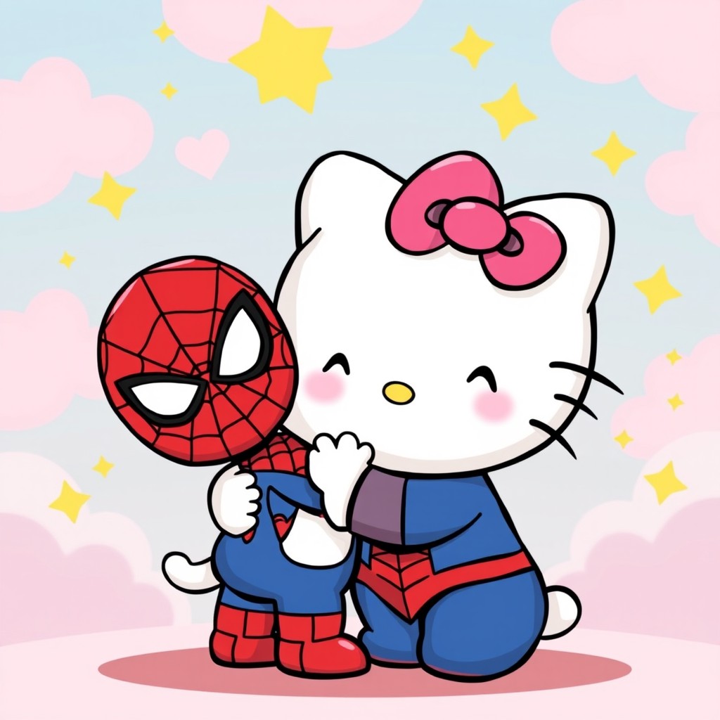 A cute and whimsical scene featuring Hello Kitty and a tiny Spider-Man, both the same size, sharing a warm embrace