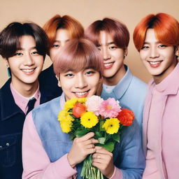 Cute photograph of BTS, a popular South Korean boy band, smiling broadly while holding a colorful handful of flowers