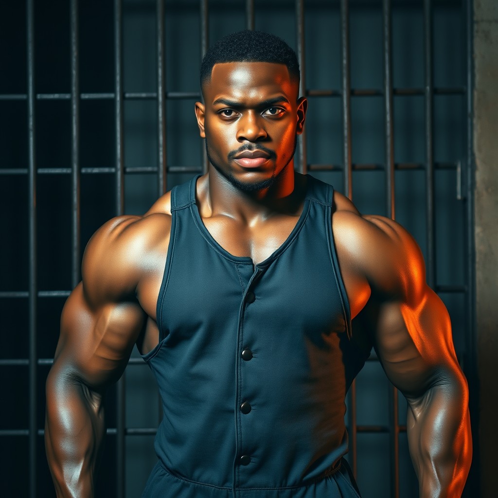 A muscular black man in a jail setting, showcasing his powerful physique, wearing a simple prison jumpsuit