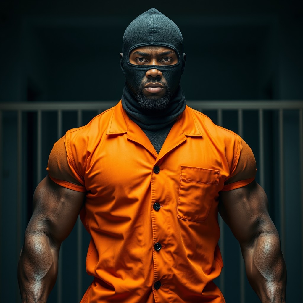 A muscular black inmate wearing an orange jumpsuit and a black balaclava, depicting a powerful and intense presence