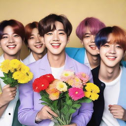 Cute photograph of BTS, a popular South Korean boy band, smiling broadly while holding a colorful handful of flowers