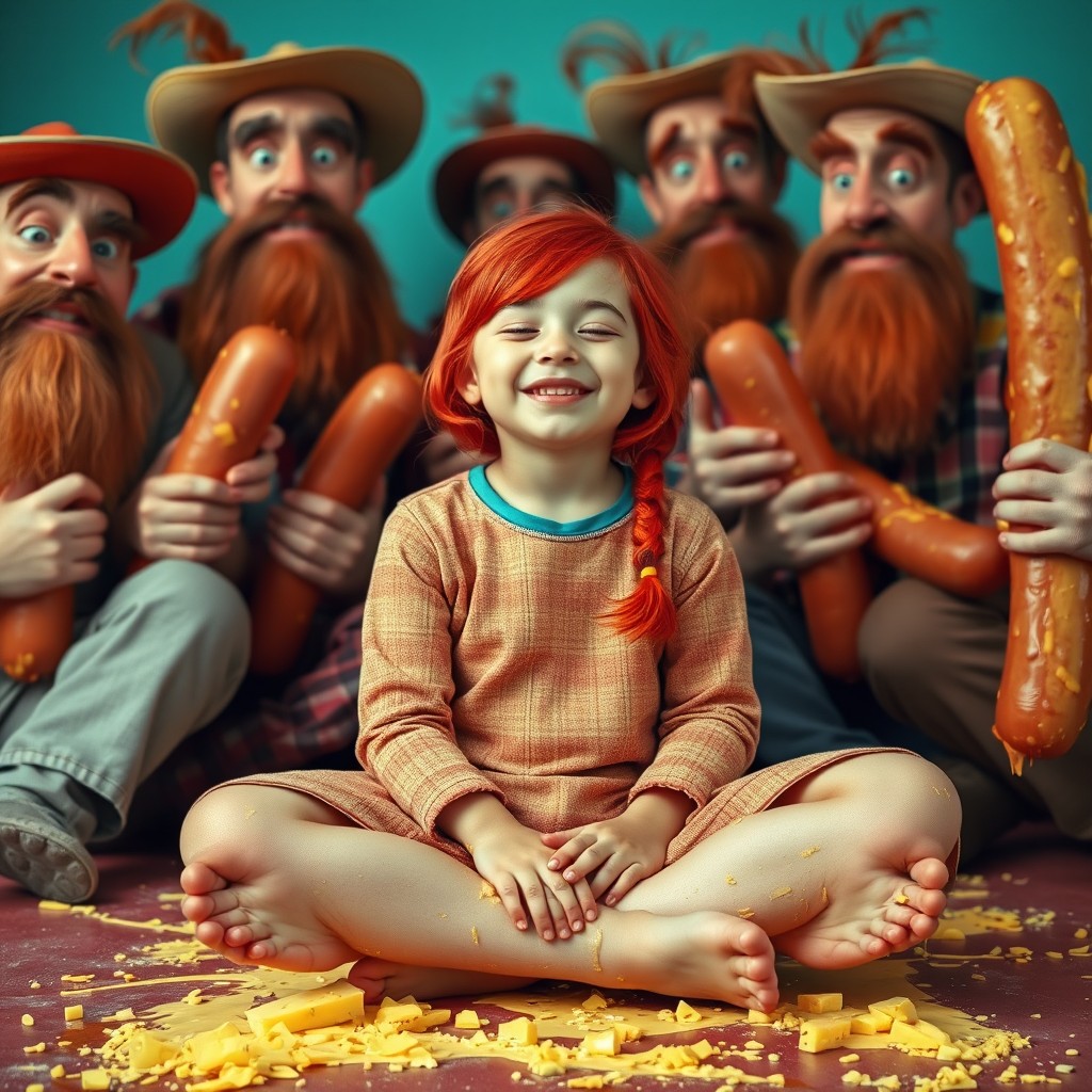 A surreal scene featuring a young Afghan girl with vibrant red hair, sitting criss-cross with her eyes closed and a smile on her face