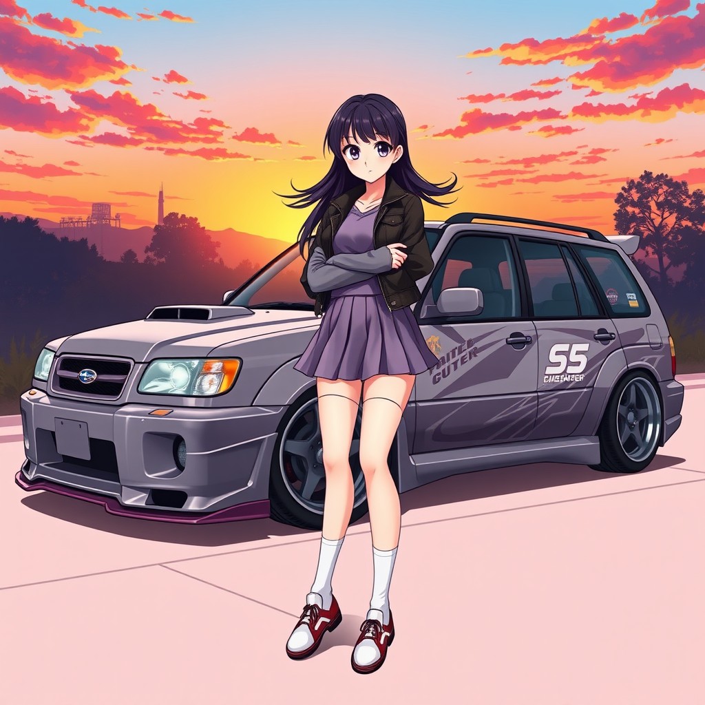 Anime-style illustration of a cool young woman in her early 20s with striking violet eyes and flowing dark hair, leaning against her modified early 2000’s Subaru Forester