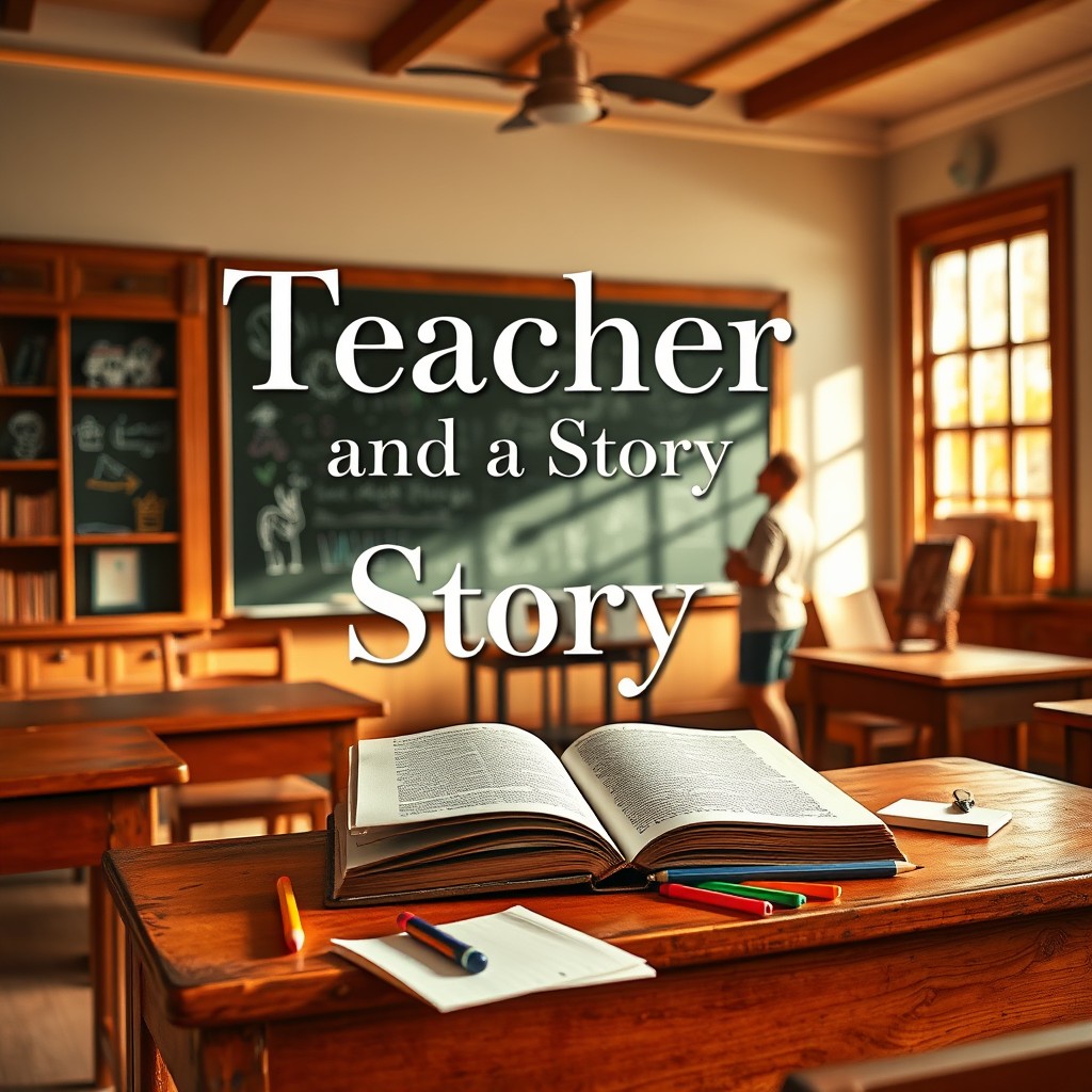 A captivating book cover design featuring the title "Teacher and a Story" prominently displayed in elegant, bold lettering