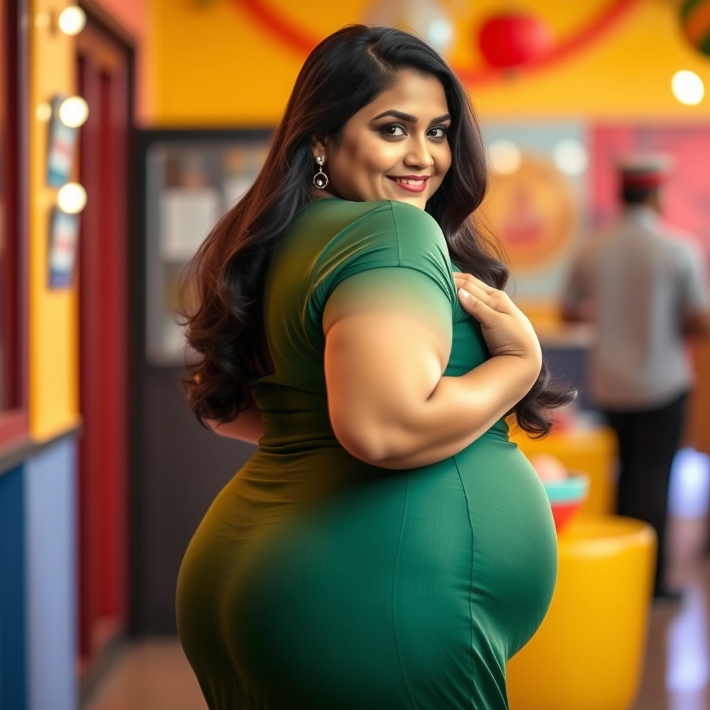 A stunning plus-size Pakistani woman with a curvy figure, showcasing her beautiful round backside prominently in front of the camera