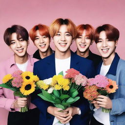 Cute photograph of BTS, a popular South Korean boy band, smiling broadly while holding a colorful handful of flowers