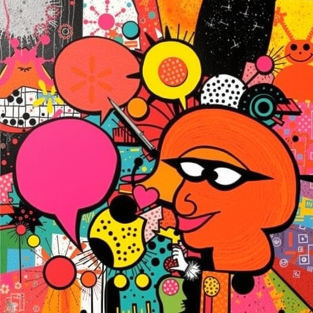 An abstract pop art composition featuring bold and vibrant colors, geometric shapes, and playful patterns