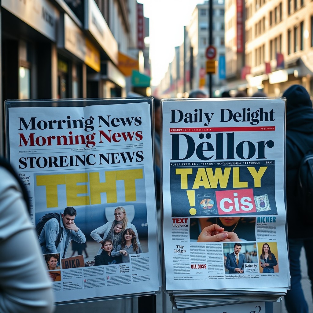 A newspaper stand showcasing two prominent newspapers: the 'Morning News' and 'Daily Delight'