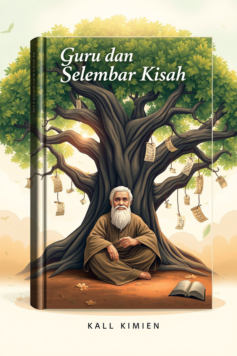 A captivating book cover design for a fictional novel titled 'Guru dan Selembar Kisah'