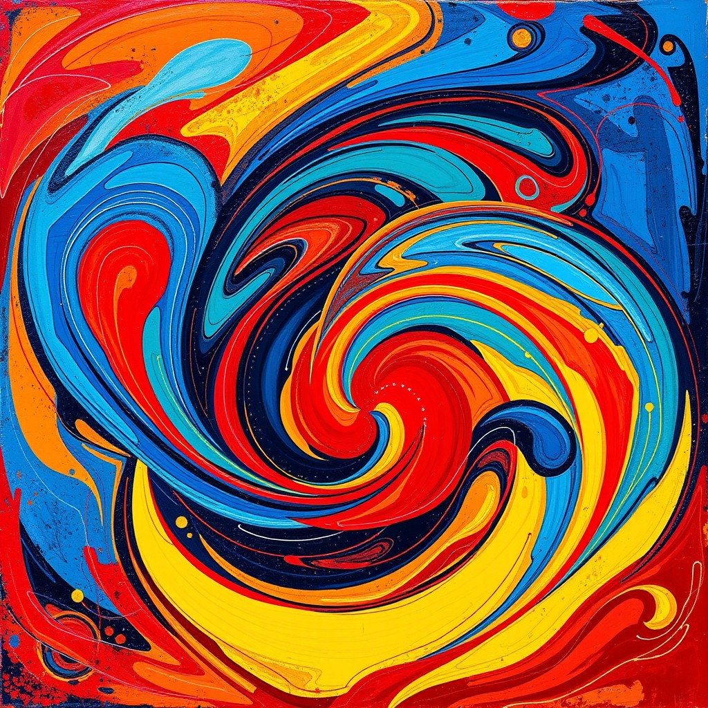 A vibrant abstract art piece featuring swirling patterns and bold colors like deep blues, fiery reds, and sunny yellows