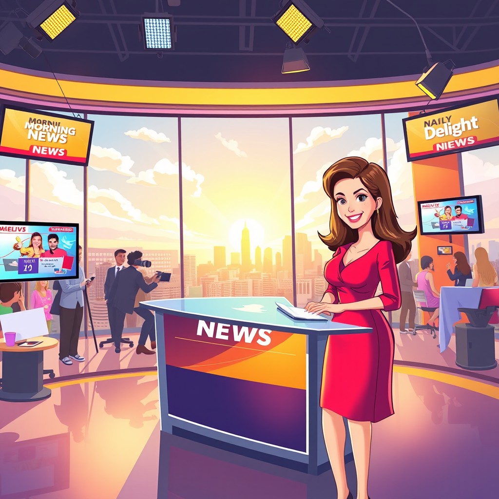 A vibrant and lively digital illustration capturing the essence of a morning news show titled 'Morning News' and 'Daily Delight