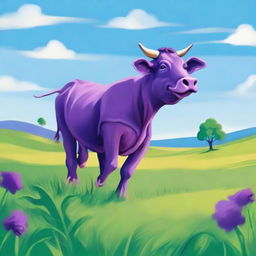 A whimsical scene featuring a purple cow joyfully dancing in an open green field under a clear blue sky.