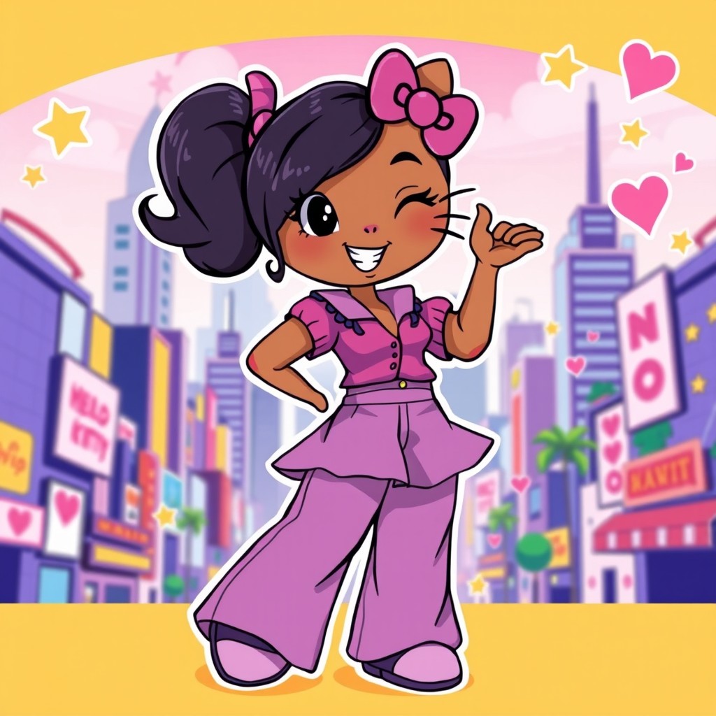 A stylish character inspired by Hello Kitty, with a beautiful morena complexion, dressed in a purple blouse and wide pants