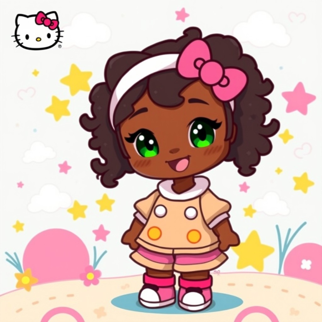 A vibrant illustration of a character inspired by Hello Kitty, depicted as a lively, dark-skinned girl with animated features, wearing a cute outfit that embodies the playful and cheerful spirit of Hello Kitty