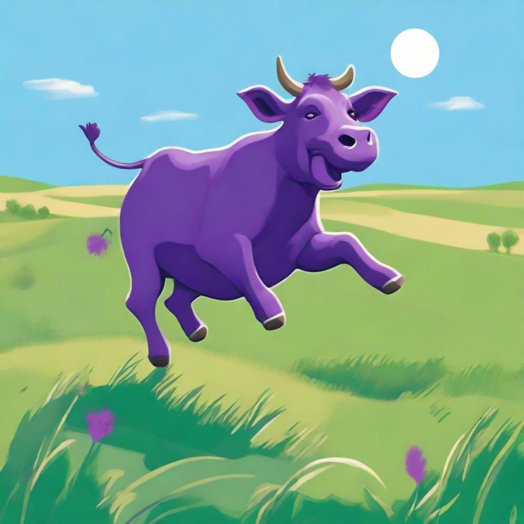 A whimsical scene featuring a purple cow joyfully dancing in an open green field under a clear blue sky.