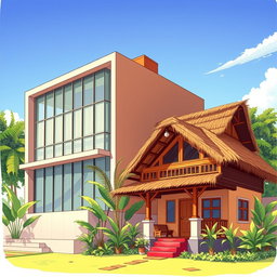 A detailed illustration of a modern ruko (a type of commercial building in Indonesia) combined with a cozy rumah (house)