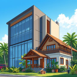 A detailed illustration of a modern ruko (a type of commercial building in Indonesia) combined with a cozy rumah (house)
