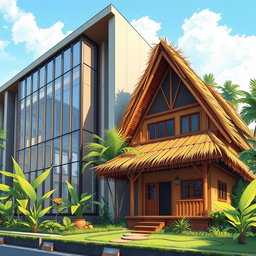 A detailed illustration of a modern ruko (a type of commercial building in Indonesia) combined with a cozy rumah (house)