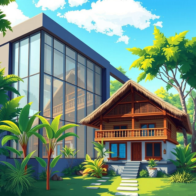A detailed illustration of a modern ruko (a type of commercial building in Indonesia) combined with a cozy rumah (house)