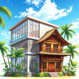 A detailed illustration of a two-story modern ruko (commercial building) fused with a traditional two-story rumah (house) in Indonesia