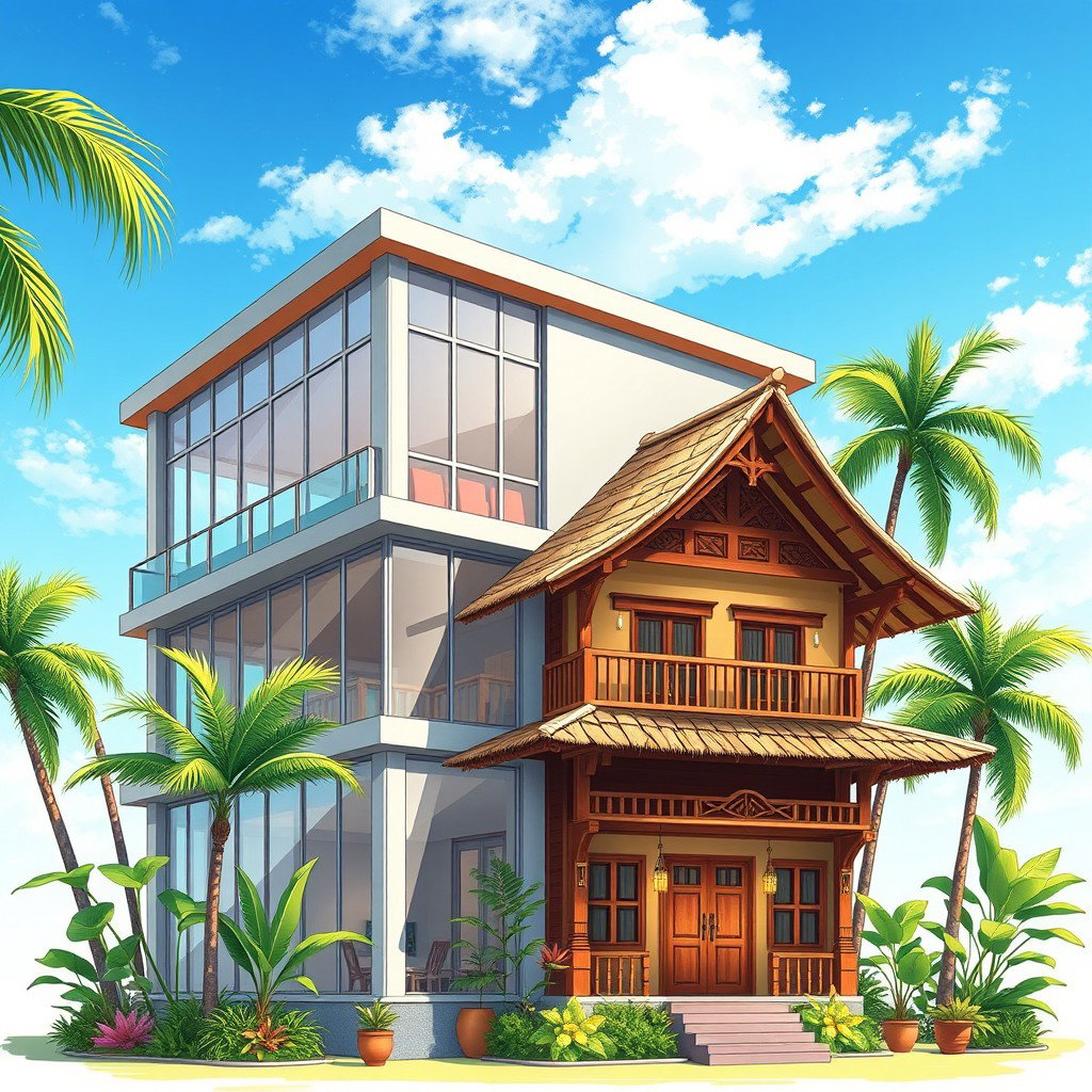 A detailed illustration of a two-story modern ruko (commercial building) fused with a traditional two-story rumah (house) in Indonesia