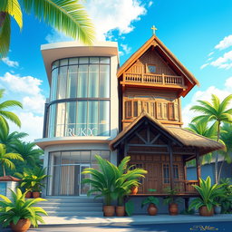 A detailed illustration of a two-story modern ruko (commercial building) fused with a traditional two-story rumah (house) in Indonesia