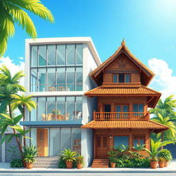 A detailed illustration of a two-story modern ruko (commercial building) fused with a traditional two-story rumah (house) in Indonesia