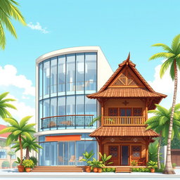 A detailed illustration of a two-story modern ruko (commercial building) fused with a traditional two-story rumah (house) in Indonesia