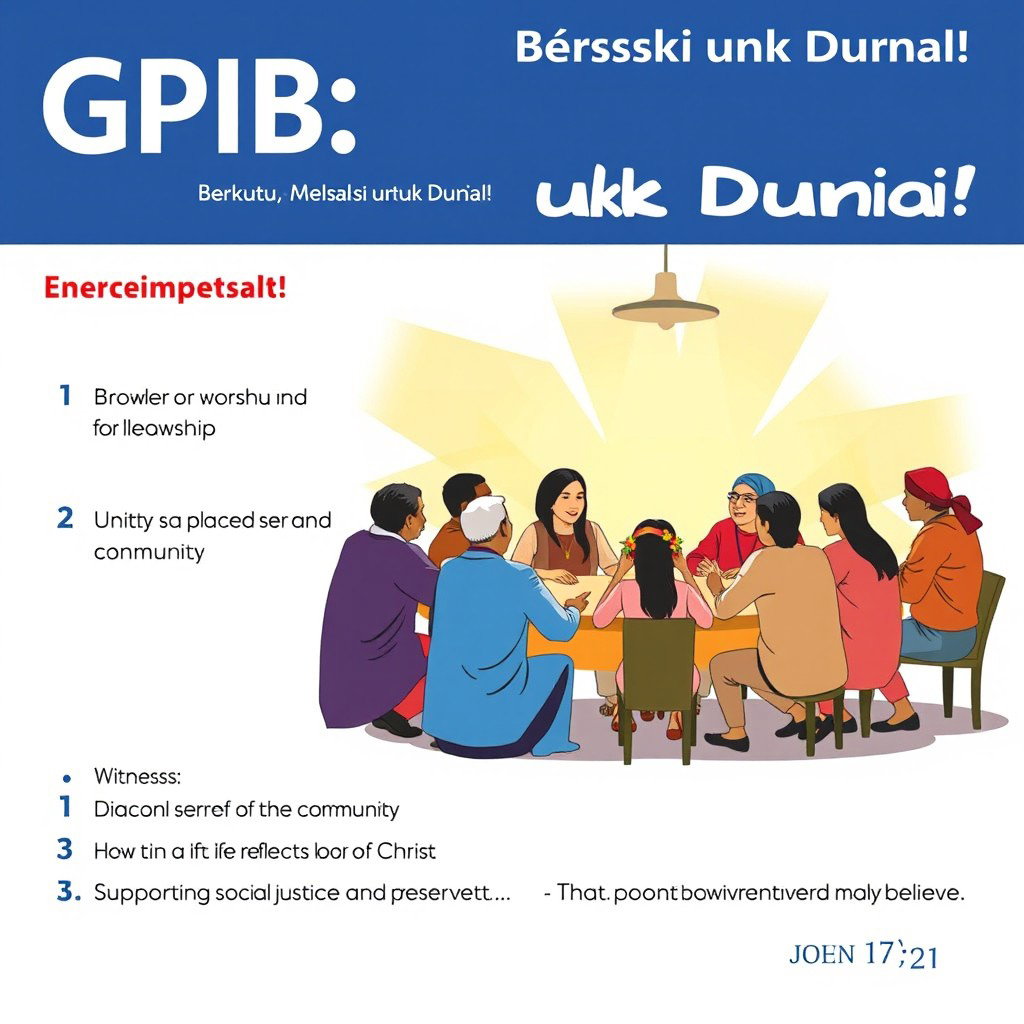 A vibrant and engaging poster titled 'GPIB: Bersekutu, Melayani, Bersaksi untuk Dunia!' featuring a diverse group of people from different backgrounds sitting together at a communal table, symbolizing unity and fellowship, inspired by Luke 13:29