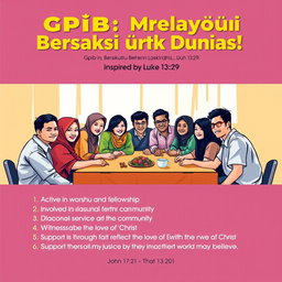 A vibrant and engaging poster titled 'GPIB: Bersekutu, Melayani, Bersaksi untuk Dunia!' featuring a diverse group of people from different backgrounds sitting together at a communal table, symbolizing unity and fellowship, inspired by Luke 13:29