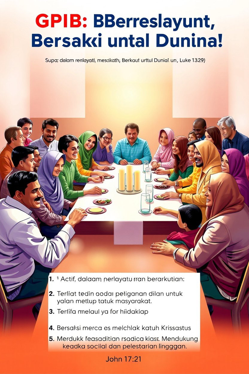 A visually engaging poster featuring a diverse group of people from various backgrounds sitting together around a large communion table, symbolizing unity and fellowship as referenced in Luke 13:29