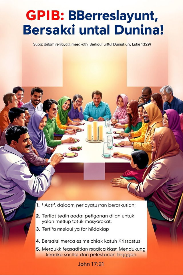 A visually engaging poster featuring a diverse group of people from various backgrounds sitting together around a large communion table, symbolizing unity and fellowship as referenced in Luke 13:29