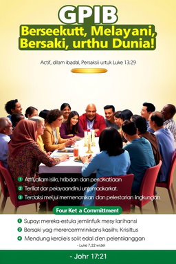 A visually engaging poster featuring a diverse group of people from various backgrounds sitting together around a large communion table, symbolizing unity and fellowship as referenced in Luke 13:29