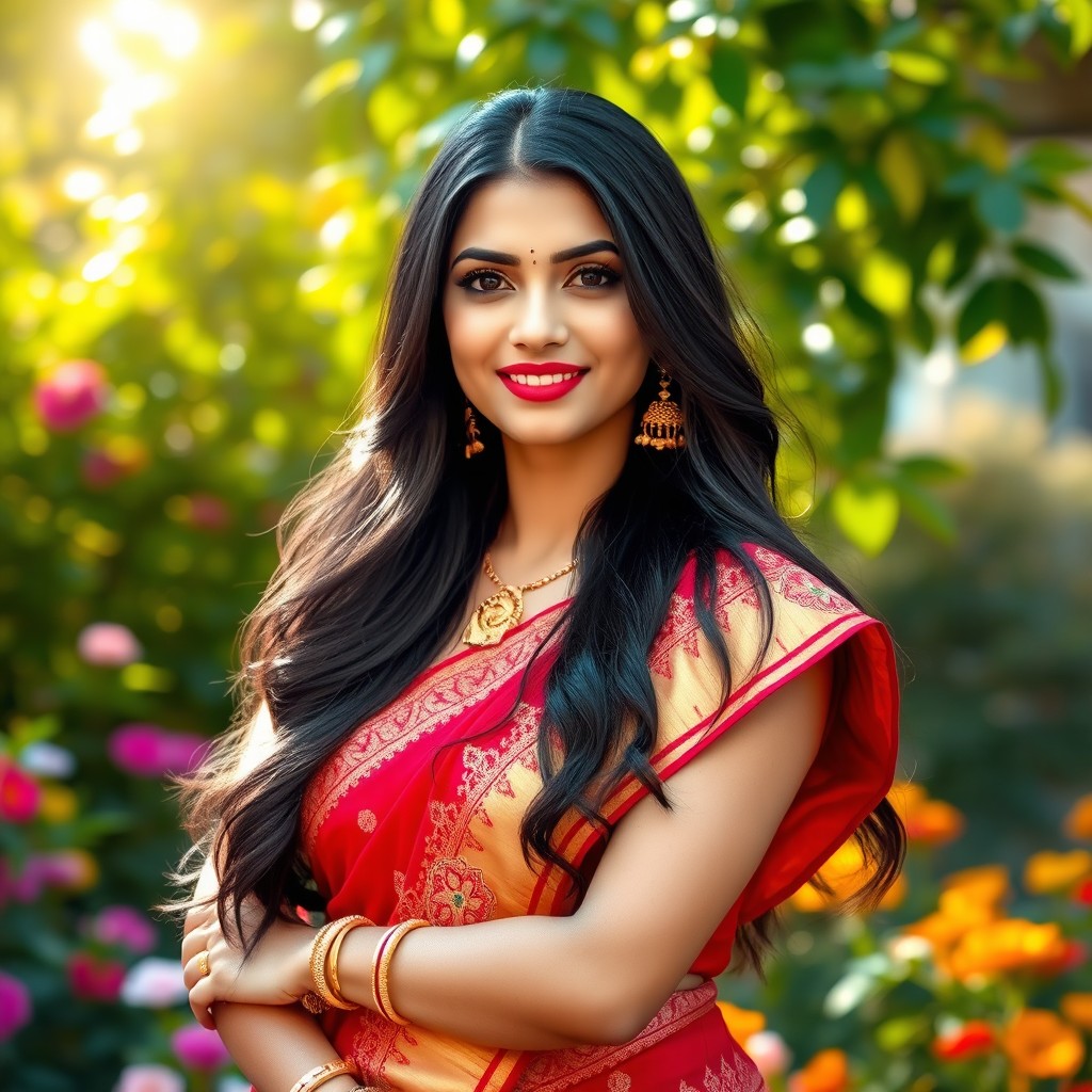 A stunning Indian woman with long, flowing black hair, wearing a vibrant red and gold traditional saree, adorned with intricate embroidery