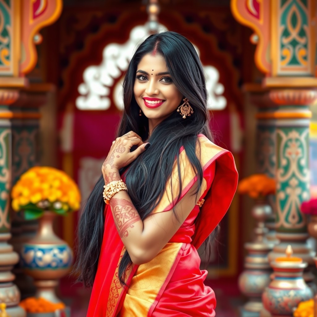 A stunning Indian woman with long black hair cascading down her shoulders, wearing a traditional vibrant red and gold saree that accentuates her curves