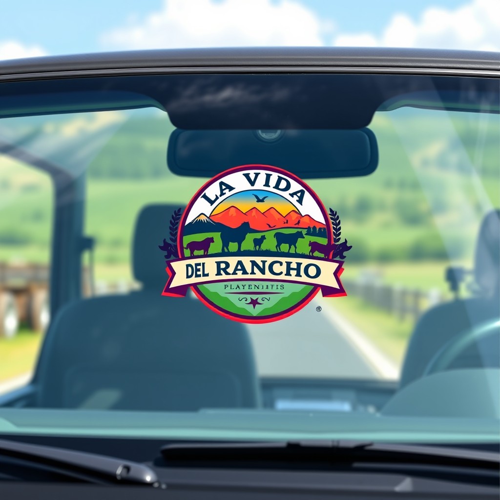 A clear front windshield featuring a beautifully designed logo with the emblem 'LA VIDA DEL RANCHO'