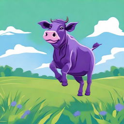 A whimsical scene featuring a purple cow joyfully dancing in an open green field under a clear blue sky.