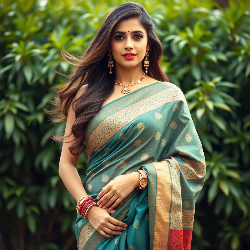 A beautiful woman wearing a traditional saree, elegantly draped with intricate patterns and vibrant colors