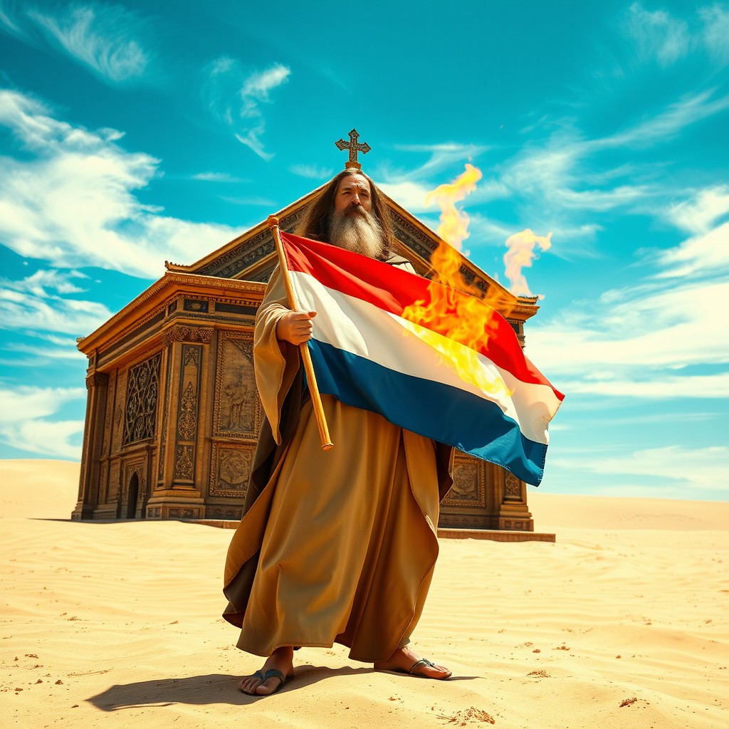 A dramatic scene in the desert featuring the Prophet Moses standing resolutely in front of an intricately designed Tabernacle