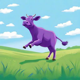 A whimsical scene featuring a purple cow joyfully dancing in an open green field under a clear blue sky.