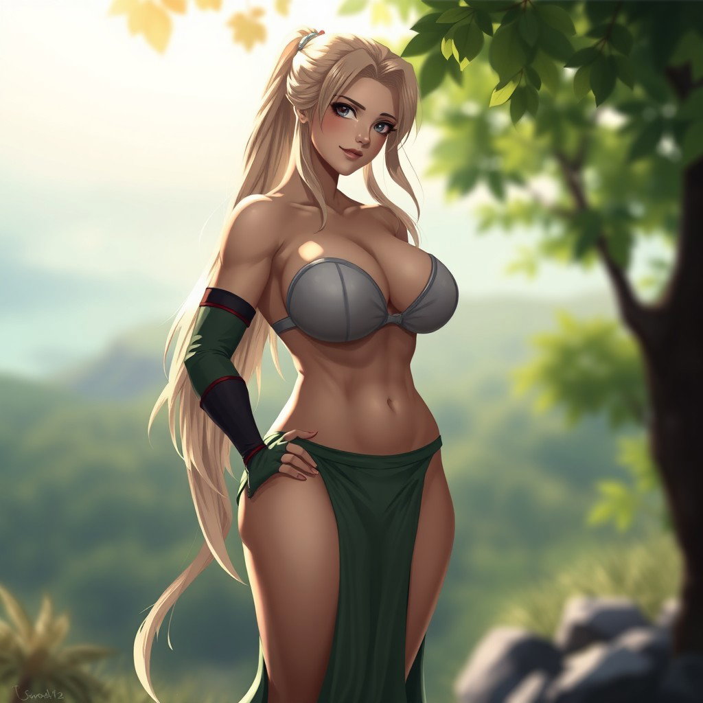 A sensual artistic portrayal of Tsunade, designed with an emphasis on her strong and voluptuous form